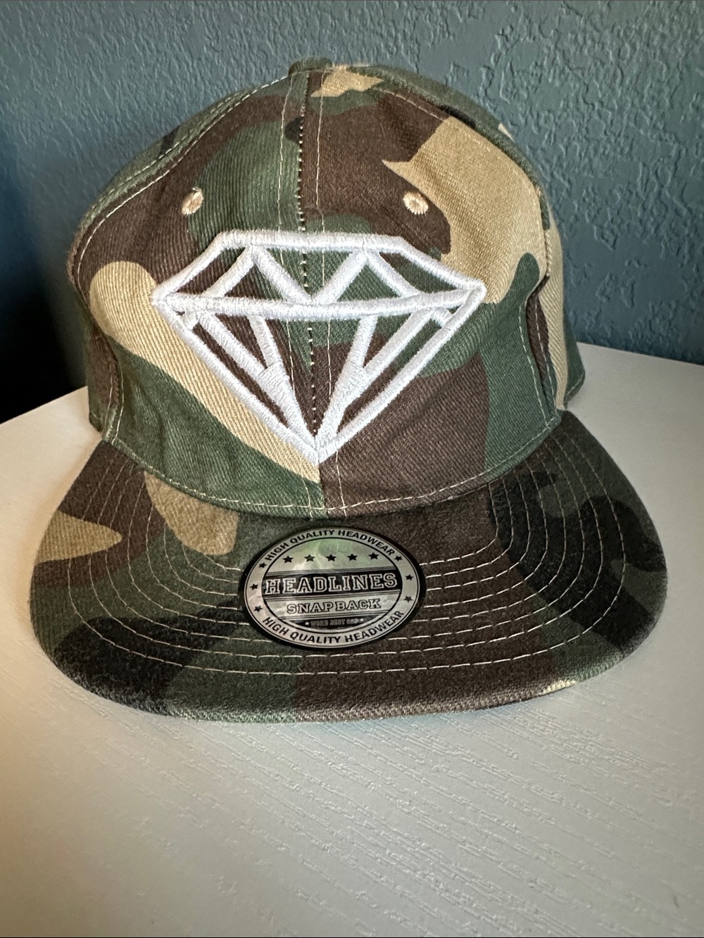 Headlines Camo Snapback Hat with Diamond Logo - Green Camouflage